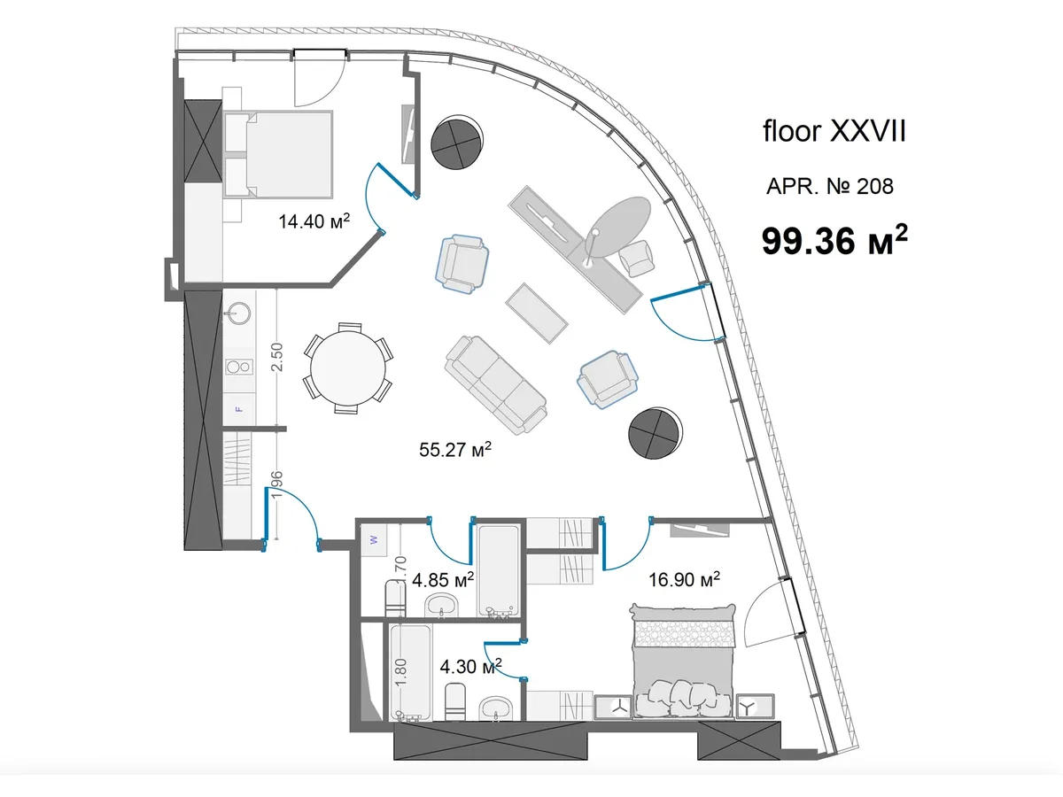 2 спальни, 99,4 м²